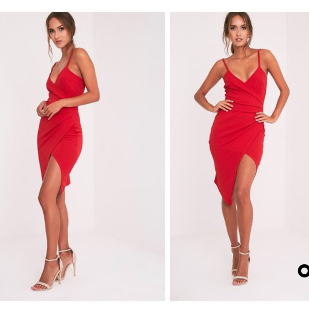 lauriell red wrap front crepe midi dress